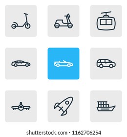 Vector illustration of 9 transit icons line style. Editable set of vessel, cabin, luxury car and other icon elements.