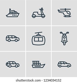 Vector illustration of 9 transit icons line style. Editable set of helicopter, mpv, suv and other icon elements.