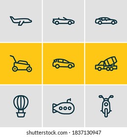 Vektorgrafik von 9 Transitsymbole Linienstil. Bearbeitbarer Satz von Flugzeug, Luftballon, Bauwagen und andere Icon Elemente.