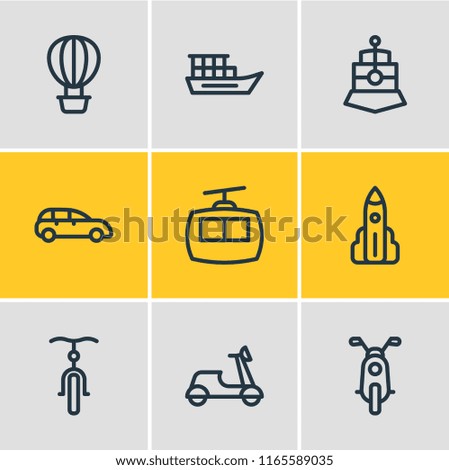 Vector illustration of 9 transit icons line style. Editable set of cabin, motorcycle, vessel and other icon elements.