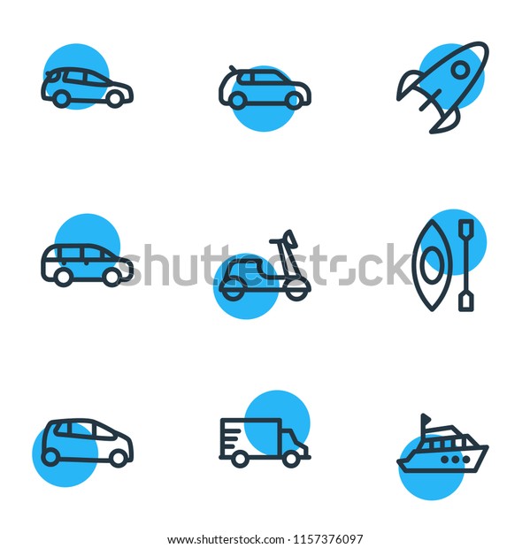 Vector illustration of 9 transit icons line\
style. Editable set of supermini, compact car, kayak and other icon\
elements.