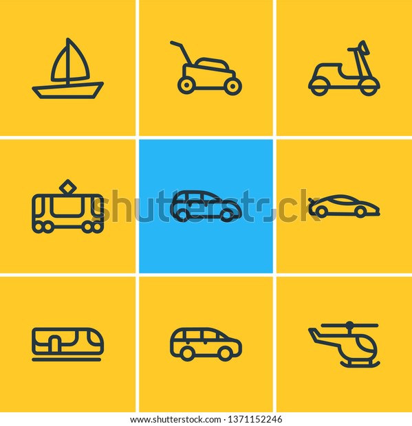 Vector\
illustration of 9 transit icons line style. Editable set of city\
car, mpv, lawn mower and other icon\
elements.