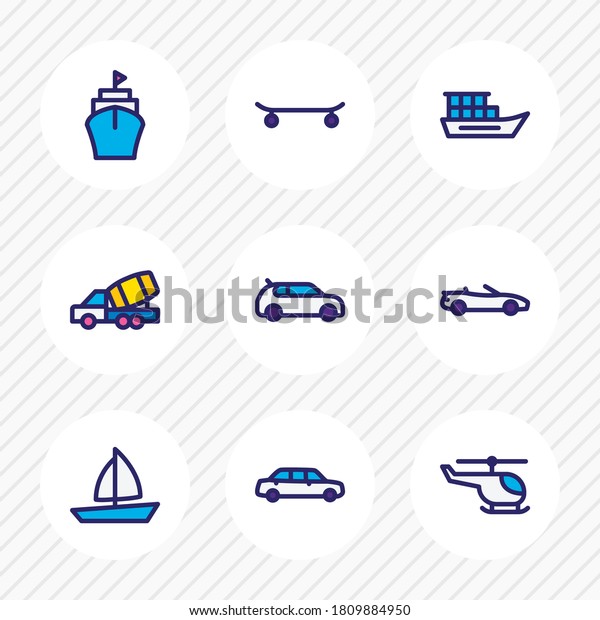 Vector illustration of 9 transit icons colored\
line. Editable set of construction car, ship, large car and other\
icon elements.