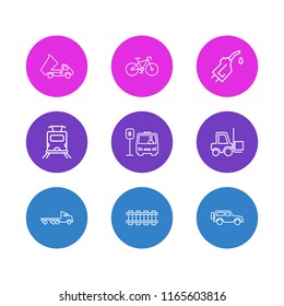 Vector illustration of 9 transport icons line style. Editable set of forklift, flatbed truck, railway and other icon elements.