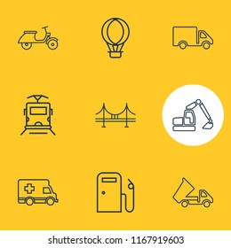 Vector illustration of 9 transport icons line style. Editable set of ambulance, digger, scooter and other icon elements.