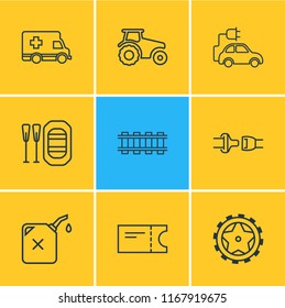 Vector illustration of 9 transport icons line style. Editable set of eco car, ambulance, train ticket and other icon elements.