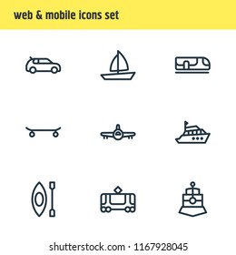 Vector illustration of 9 transport icons line style. Editable set of tram, skate, yacht and other icon elements.