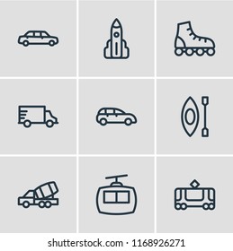 Vector illustration of 9 transport icons line style. Editable set of kayak, cabin, construction car and other icon elements.
