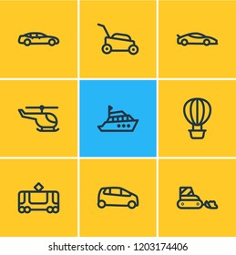 Vector illustration of 9 transport icons line style. Editable set of sport car, snow removal car, medium car and other icon elements.