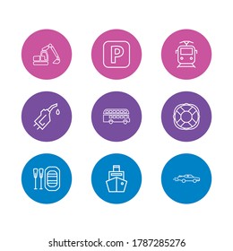 Vector illustration of 9 transport icons line style. Editable set of gasoline pipe, digger, cargo ship and other icon elements.