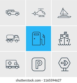 Vector illustration of 9 transportation icons line style. Editable set of road sign, ambulance, tank truck and other icon elements.