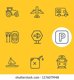 Vector illustration of 9 transportation icons line style. Editable set of gas can, parking sign, rubber boat and other icon elements.