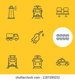 Vector illustration of 9 transportation icons line style. Editable set of lighthouse, railway, subway train and other icon elements.