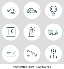 Vector illustration of 9 transportation icons line style. Editable set of road, train ticket, taxi and other icon elements.