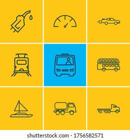 Vector illustration of 9 transportation icons line style. Editable set of sport car, double decker bus, speedometer and other icon elements.