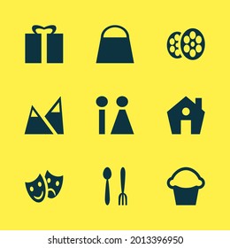 Vector illustration of 9 travel icons. Editable set of restroom, house, cinema and other icon elements.