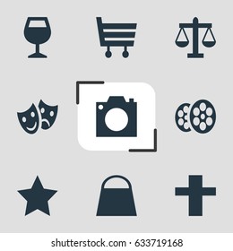 Vector Illustration Of 9 Travel Icons. Editable Pack Of Bookmark, Scales, Handbag Elements.