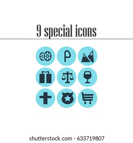 Vector Illustration Of 9 Travel Icons. Editable Pack Of Car Park, Wineglass, Cop And Other Elements.