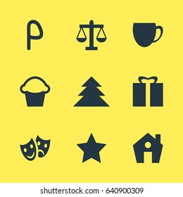 Vector Illustration Of 9 Travel Icons. Editable Pack Of Present, Coffee Shop, Jungle And Other Elements.