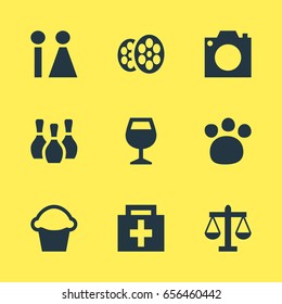 Vector Illustration Of 9 Travel Icons. Editable Pack Of Photo Device, Wineglass, Drugstore And Other Elements.