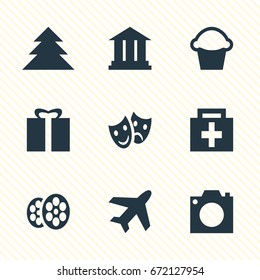 Vector Illustration Of 9 Travel Icons. Editable Pack Of Drugstore, Cake, Present And Other Elements.