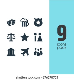Vector Illustration Of 9 Travel Icons. Editable Pack Of Toilet, Cop, Skittles And Other Elements.