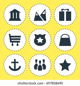 Vector Illustration Of 9 Travel Icons. Editable Pack Of Anchor, Shopping Cart, Handbag Elements.