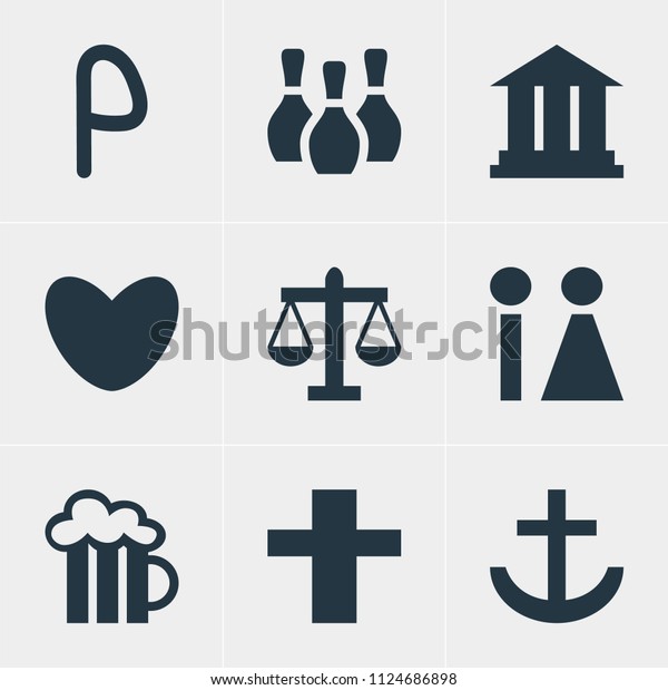 Vector illustration of\
9 travel icons. Editable set of pub, restroom, religion and other\
icon elements.