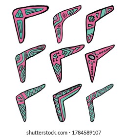 Vector illustration of 9 tribal styled pastel color boomerangs on white background