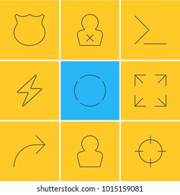Vector illustration of 9 UI icons line style. Editable set of share, repeat, bolt and other icon elements.