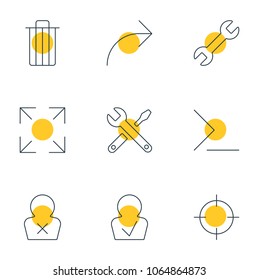Vector illustration of 9 UI icons line style. Editable set of publish, trash, full screen and other icon elements.