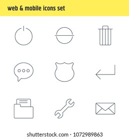 Vector illustration of 9 UI icons line style. Editable set of setting, shield, e-mail and other icon elements.