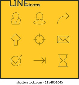 Vector illustration of 9 UI icons line style. Editable set of check, tab key, woman member and other icon elements.