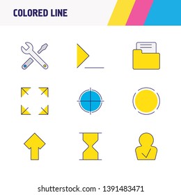 Vector illustration of 9 UI icons colored line. Editable set of repair, command line, sand clock icon elements.