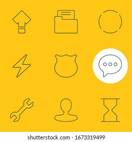 Ilustración vectorial del estilo de línea de iconos de 9 UI. Conjunto editable de escudo, recarga, correo electrónico y otros elementos de icono.
