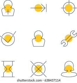 Vector Illustration Of 9 UI Icons. Editable Pack Of Female User, Wrench, Register Account And Other Elements.