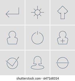 Vector Illustration Of 9 UI Icons. Editable Pack Of Sunshine, Yes, Female User And Other Elements.