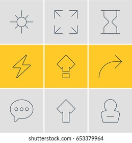 Vector Illustration Of 9 UI Icons. Editable Pack Of Bolt, Remove User, Hourglass And Other Elements.