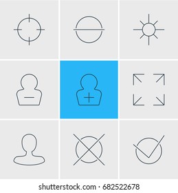 Vector Illustration Of 9 UI Icons. Editable Pack Of Man Member, Remove User, Wide Monitor And Other Elements.