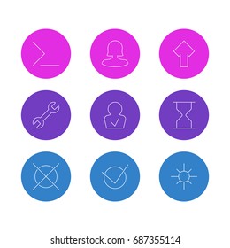 Vector Illustration Of 9 UI Icons. Editable Pack Of Female User, Approved Profile, Upward And Other Elements.