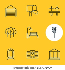 Vector illustration of 9 urban icons line style. Editable set of bridge, garage, postbox and other icon elements.