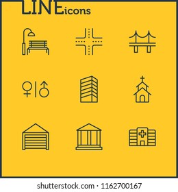 Vector illustration of 9 urban icons line style. Editable set of church, crossroad, wc and other icon elements.