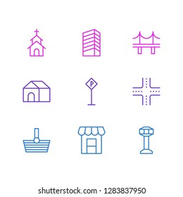 Vector illustration of 9 urban icons line style. Editable set of shopping, crossroad, airport and other icon elements.