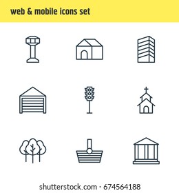 Vector Illustration Of 9 Urban Icons. Editable Pack Of Parking, Forest, Home And Other Elements.