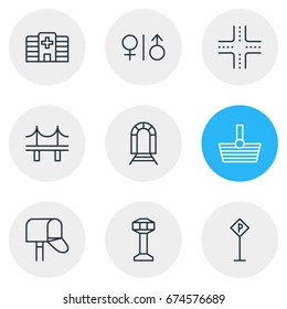 Vector Illustration Of 9 Urban Icons. Editable Pack Of Toilet, Golden Gate, Subway And Other Elements.
