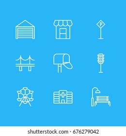 Vector Illustration Of 9 Urban Icons. Editable Pack Of Ferris Wheel, Bench, Semaphore And Other Elements.