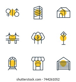 Vector Illustration Of 9 Urban Icons. Editable Pack Of Skyscraper, Forest, Awning And Other Elements.