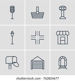 Vector Illustration Of 9 Urban Outline Icons. Editable Set Of Awning, Intersection, Parking And Other Elements.