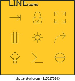 Vector illustration of 9 user icons line style. Editable set of trash, low brightness, publish and other icon elements.