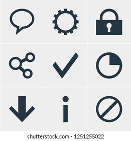 Vector illustration of 9 user icons. Editable set of down, message bubble, lock and other icon elements.